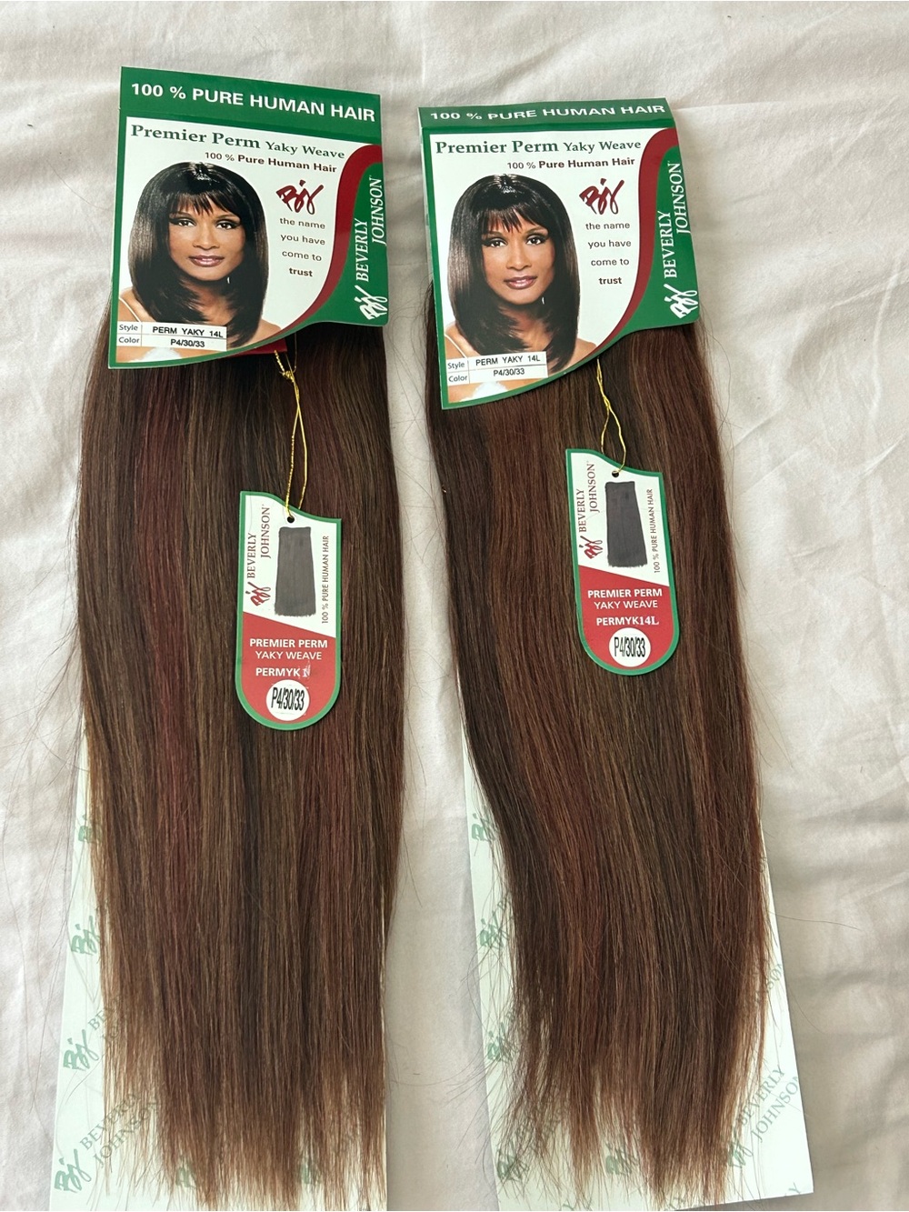 Human Hair Premier Perm Yaky Straight 14 inch Extensions Color P4/30/33 2 packs